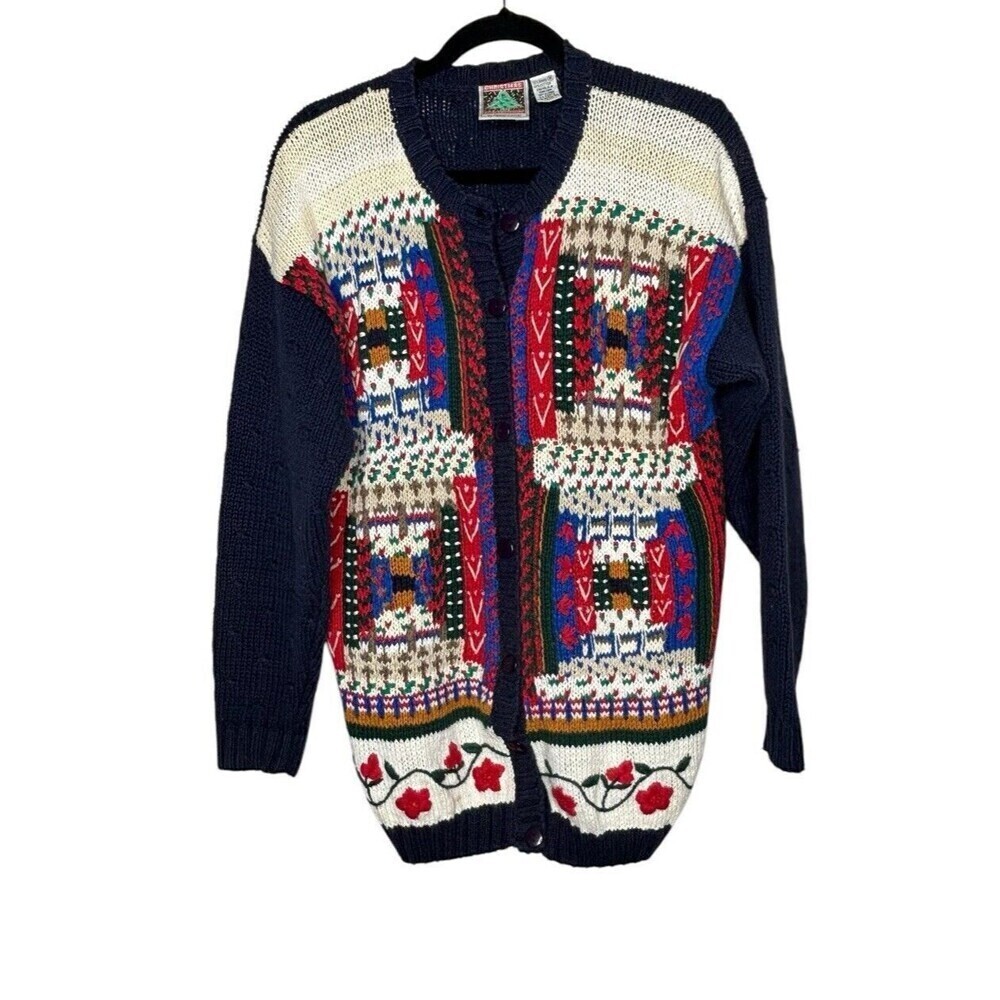 Vtg Casual Corner Womens Embroidered Cardigan Christmas Sweater Size M Knit
